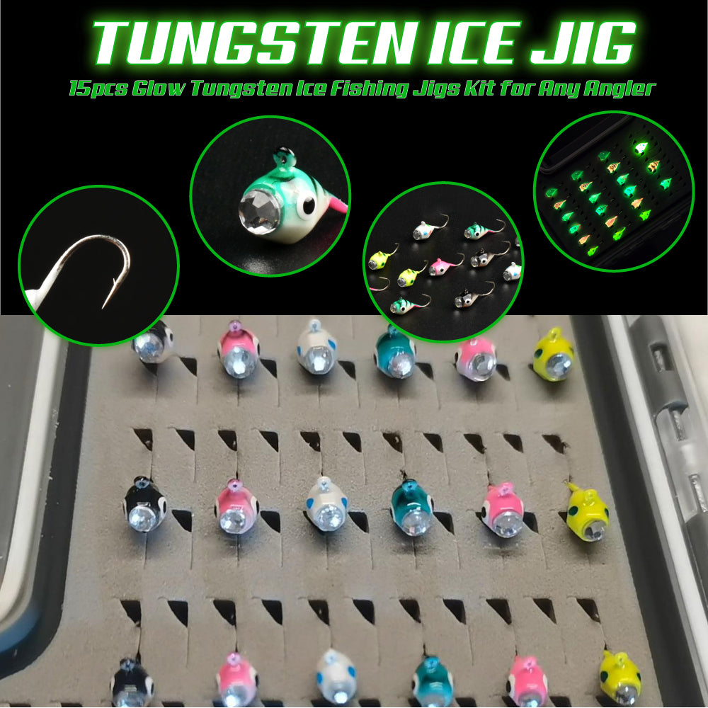 MUUNN 21pcs Diamond Ice Jig Kit UV Glow Jigs Winter Fishing Hooks,3.2~6.0mm UV Glow Hayabusa Soft Lure Perch Crappie Bluegill Jigs