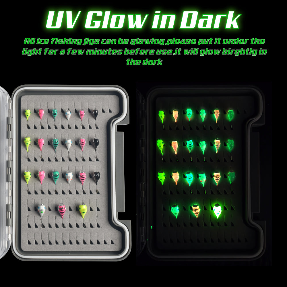 MUUNN 21pcs Diamond Ice Jig Kit UV Glow Jigs Winter Fishing Hooks,3.2~6.0mm UV Glow Hayabusa Soft Lure Perch Crappie Bluegill Jigs