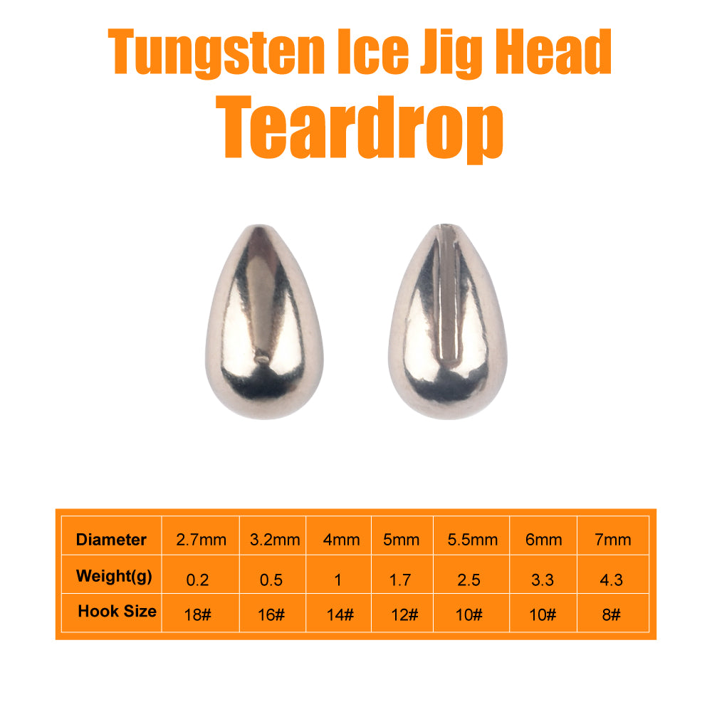 MUUNN 100PCS Tungsten Tear Drop Jig Head , Ice Fishing Jig Without Hook 2.7mm/3.2mm/4mm/5mm/5.5mm/6mm/7mm DIY Winter Pike Lure
