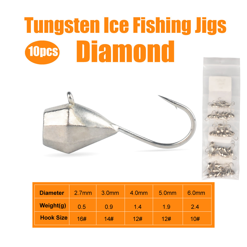 MUUNN 10pcs Tungsten Faceted Ice Jig,Diamond Winter Perch Carppie Trout Lures 2.7mm/3mm/4mm/5mm/6mm Fishing Ice Hayabusa Hook