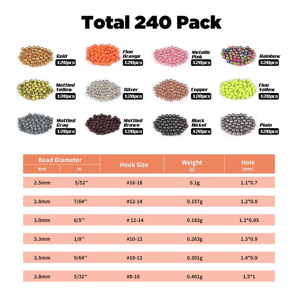 MUUNN Tungsten Fly Tying Slotted Bead Kit,120/240pcs Colorful 2.5-3.8mm,Trout Perch Fishing Hooks Tying Accessories Rainbow Orange