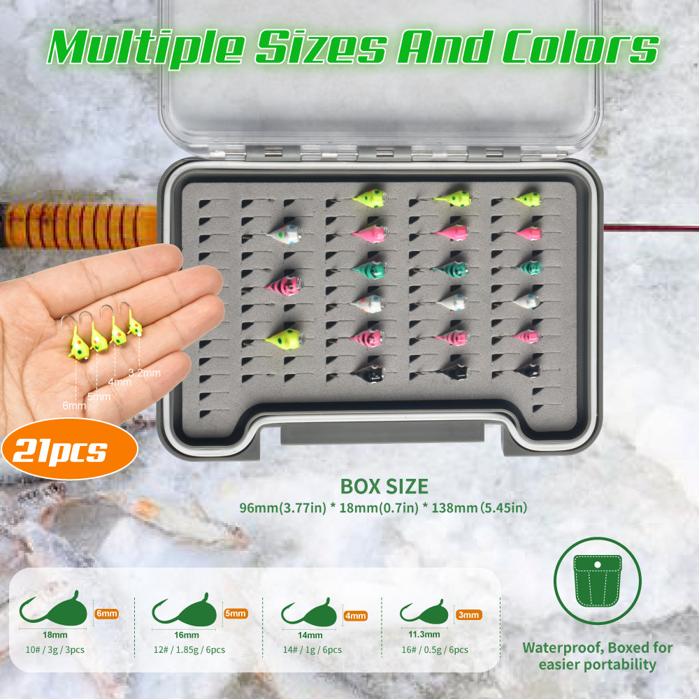 MUUNN 21pcs Diamond Ice Jig Kit UV Glow Jigs Winter Fishing Hooks,3.2~6.0mm UV Glow Hayabusa Soft Lure Perch Crappie Bluegill Jigs