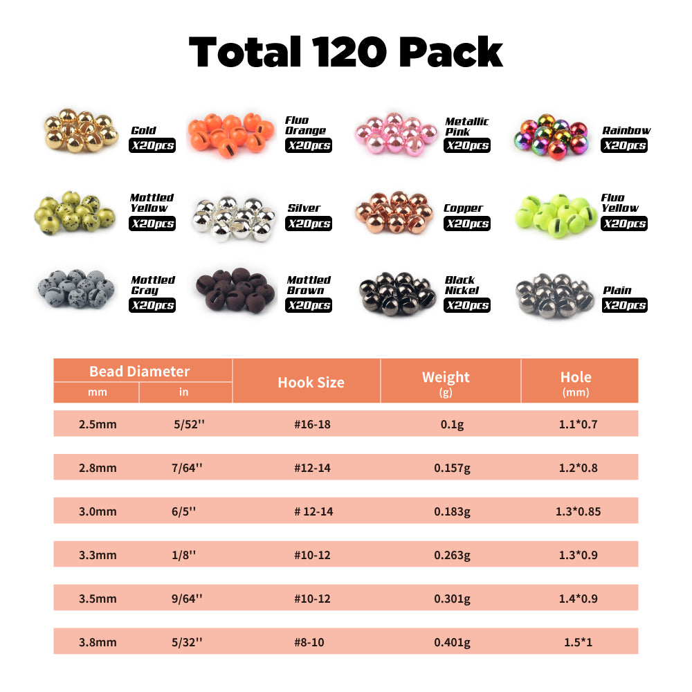 MUUNN Tungsten Fly Tying Slotted Bead Kit,120/240pcs Colorful 2.5-3.8mm,Trout Perch Fishing Hooks Tying Accessories Rainbow Orange