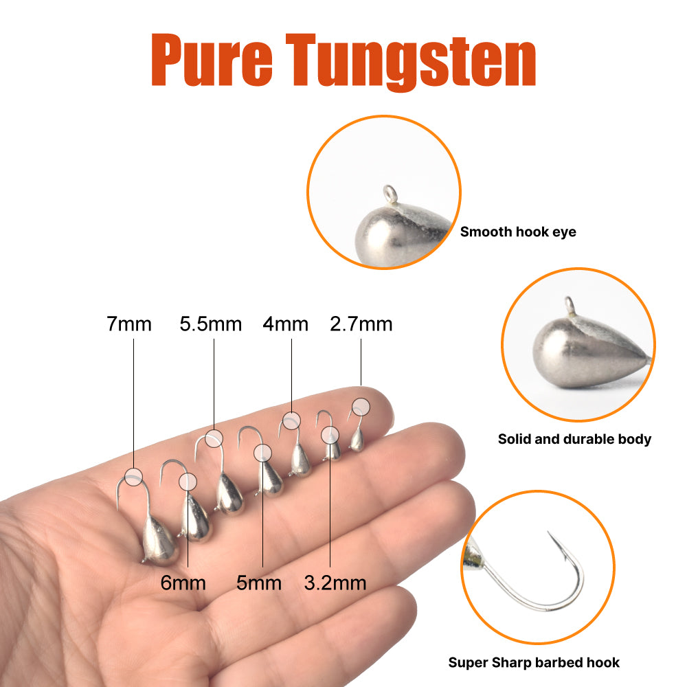 MUUNN 14PCS Tear Drop Tungsten Ice Jig,Winter Fishing Hook, 2.7mm/3.2mm/4mm/5mm/5.5mm/6mm/7mm Trout Pike Hayabusa Hooks