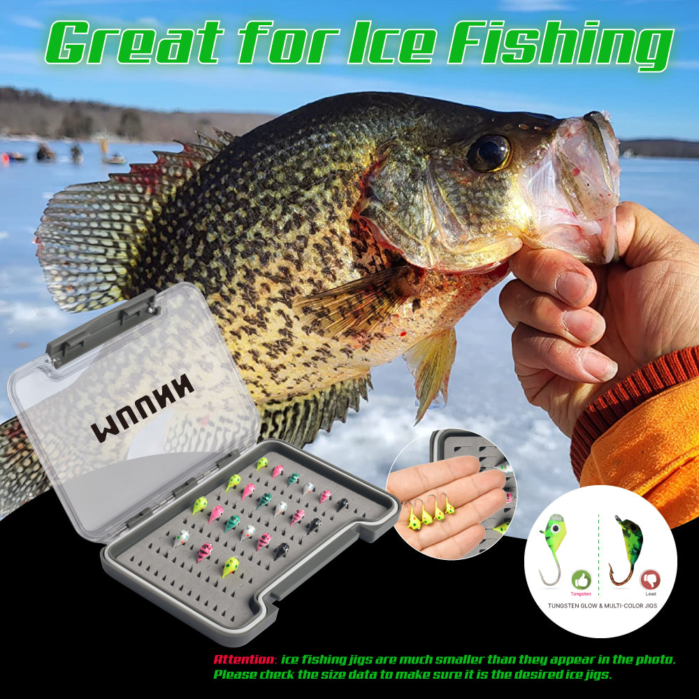 MUUNN 21pcs Diamond Ice Jig Kit UV Glow Jigs Winter Fishing Hooks,3.2~6.0mm UV Glow Hayabusa Soft Lure Perch Crappie Bluegill Jigs
