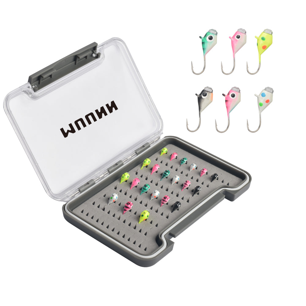 MUUNN 21pcs Diamond Ice Jig Kit UV Glow Jigs Winter Fishing Hooks,3.2~6.0mm UV Glow Hayabusa Soft Lure Perch Crappie Bluegill Jigs