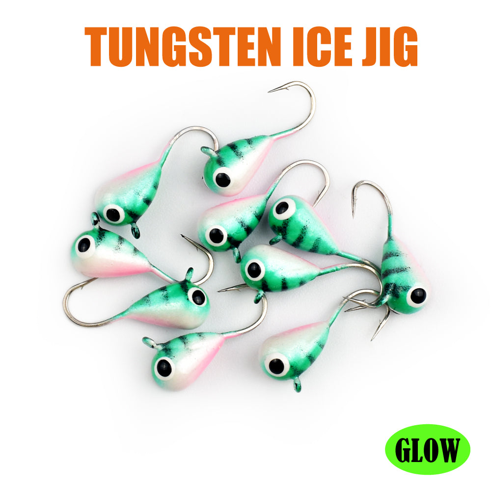 MUUNN 10pcs Ice Fishing Tungsten Jig Head Glow Multicolour 2.7mm-7mm Ice Jig Hayabusa Hook ,0.20g-4.40g Winter Carp Trout Lures