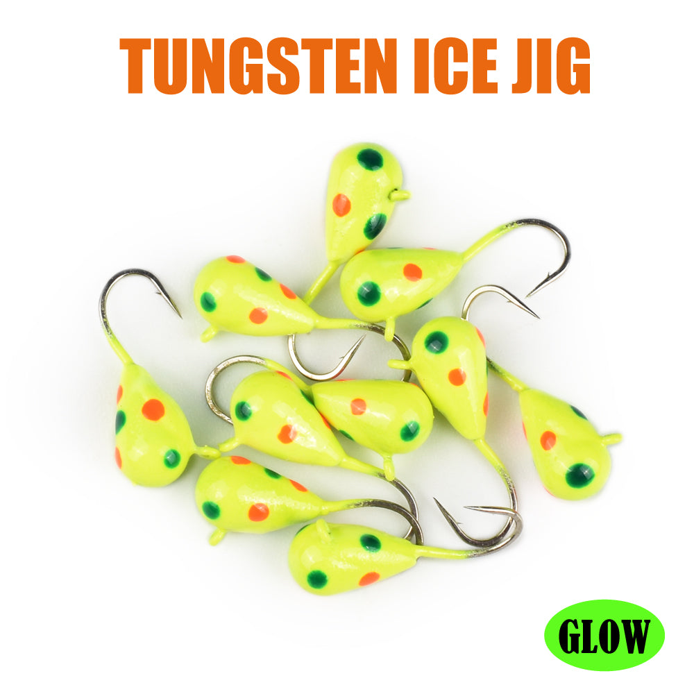 MUUNN 10pcs Ice Fishing Tungsten Jig Head Glow Multicolour 2.7mm-7mm Ice Jig Hayabusa Hook ,0.20g-4.40g Winter Carp Trout Lures
