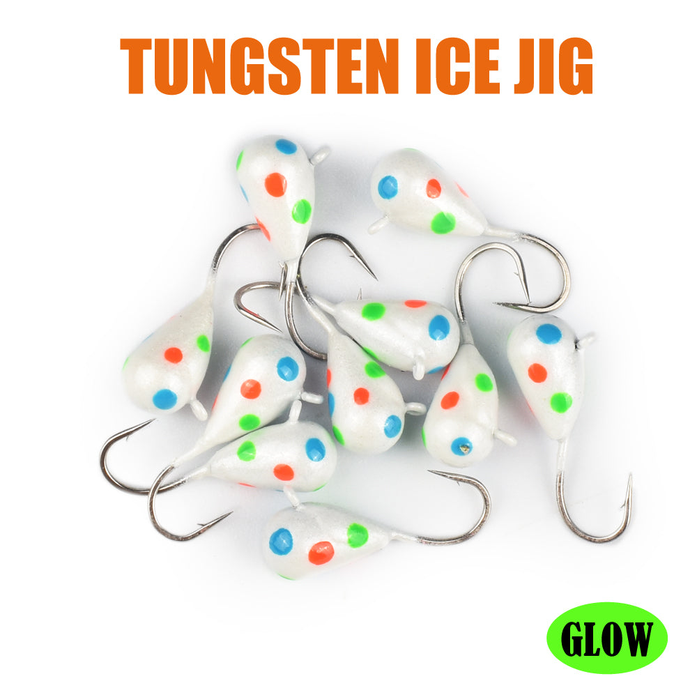 MUUNN 10pcs Ice Fishing Tungsten Jig Head Glow Multicolour 2.7mm-7mm Ice Jig Hayabusa Hook ,0.20g-4.40g Winter Carp Trout Lures