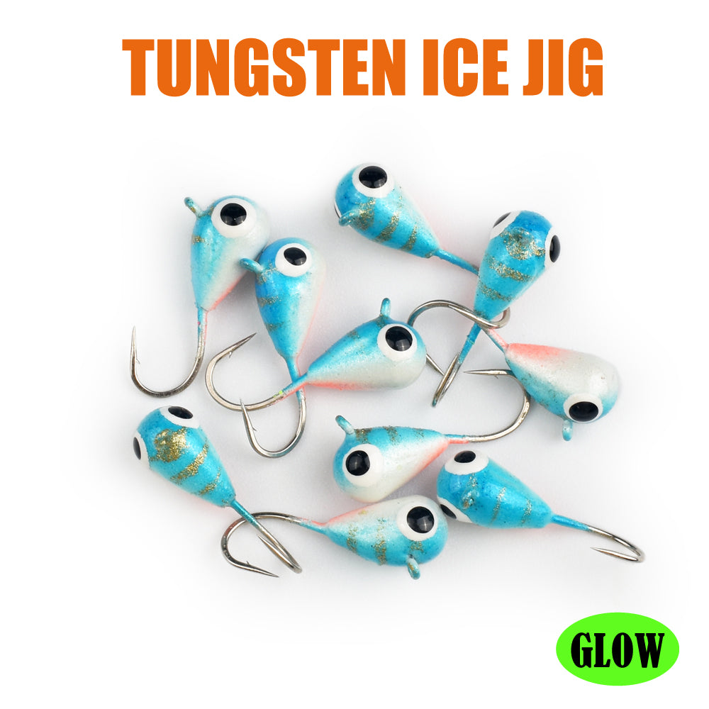 MUUNN 10pcs Ice Fishing Tungsten Jig Head Glow Multicolour 2.7mm-7mm Ice Jig Hayabusa Hook ,0.20g-4.40g Winter Carp Trout Lures
