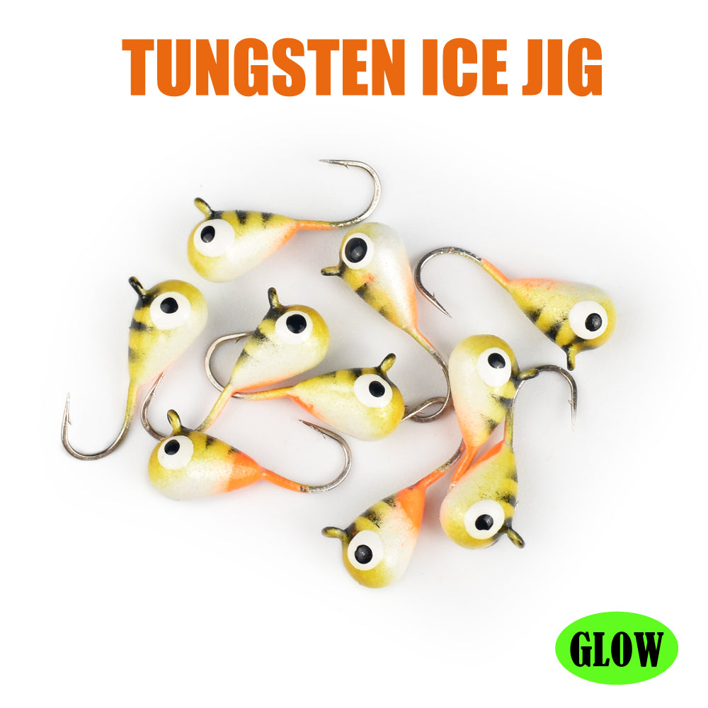 MUUNN 10pcs Ice Fishing Tungsten Jig Head Glow Multicolour 2.7mm-7mm Ice Jig Hayabusa Hook ,0.20g-4.40g Winter Carp Trout Lures