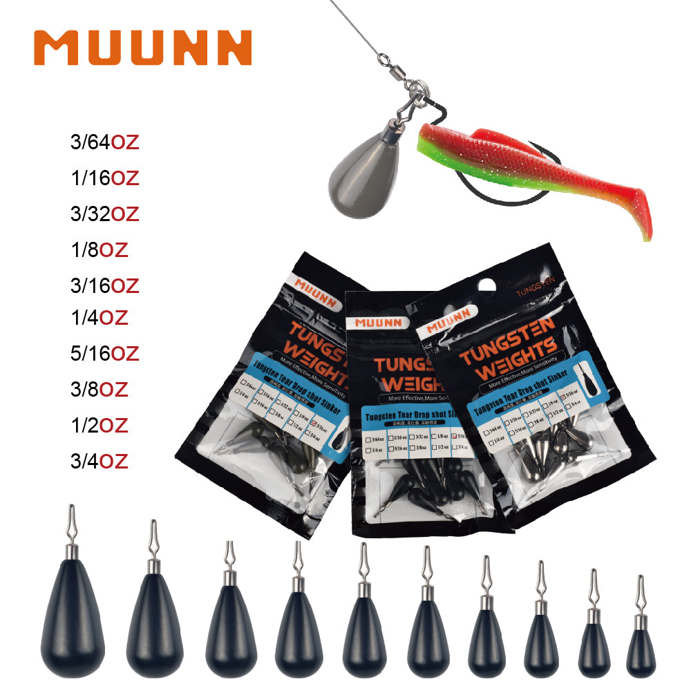 MUUNN 10PCS Tungsten Sinker ,Tear Drop Shot,1.3g-21g,Rotatable Line Hook Connector,Bass Lure Fishing,Round Eye
