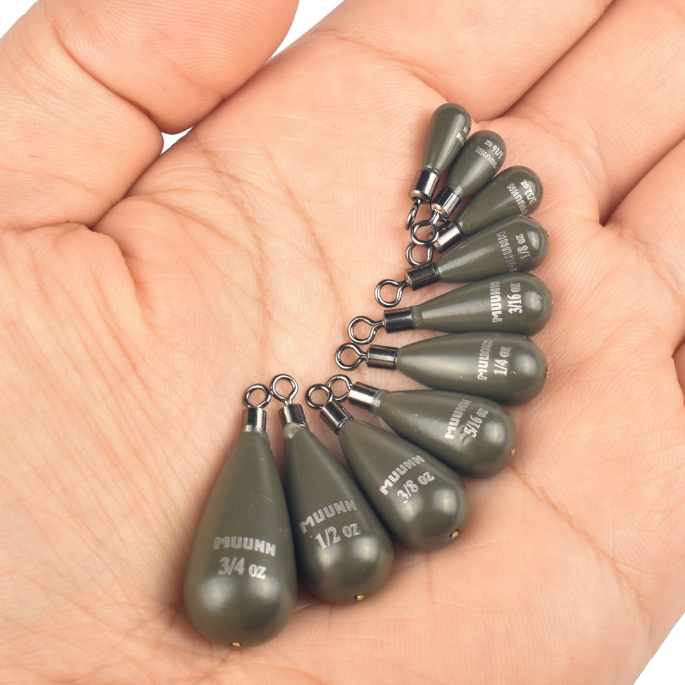MUUNN 30PCS Tungsten Sinker Tear Drop Weights Kit ,1.3-10.5g,Free Rig Line Hook Connector Bass Bluegill Salmon Fishing Hooks