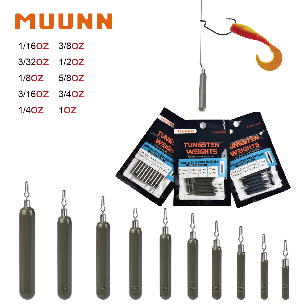 MUUNN 10PCS Tungsten Sinker,Skinny Drop Shot Weight,Line Hook Connector,1/16OZ-1OZ,Matt Black Color,Texas Rig Bass Salmon Lures