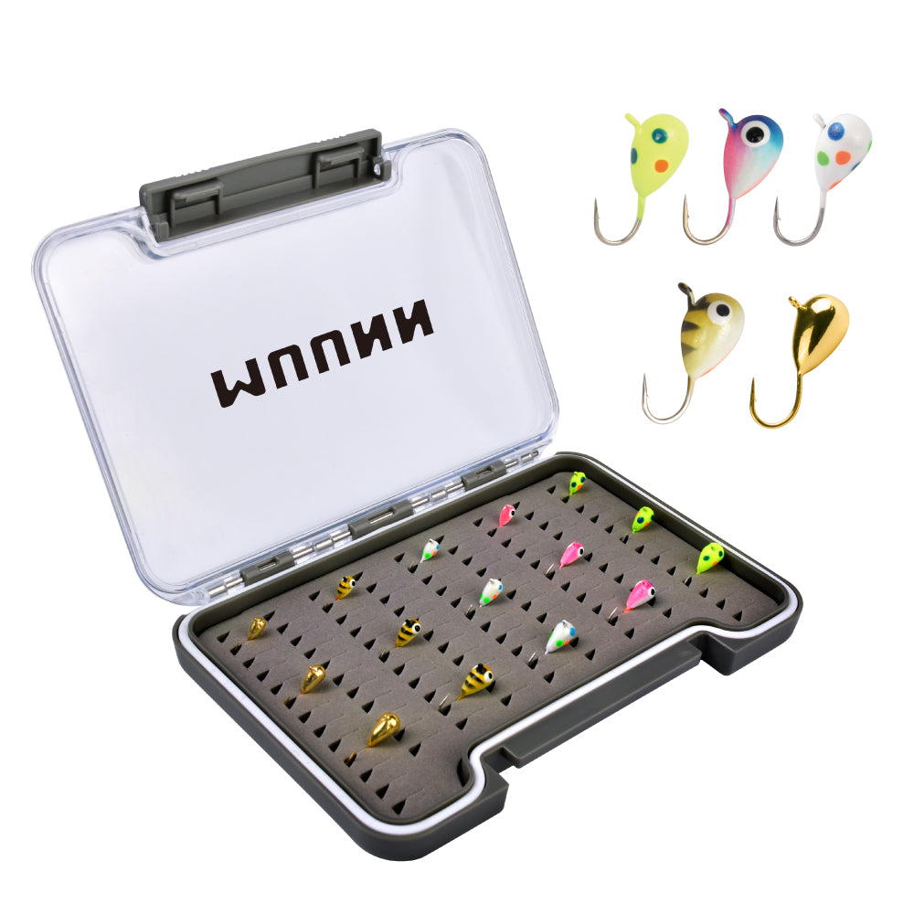 MUUNN 15pcs Tungsten Ice Fishing Jig Kit,Boxed UV Glow Jigs