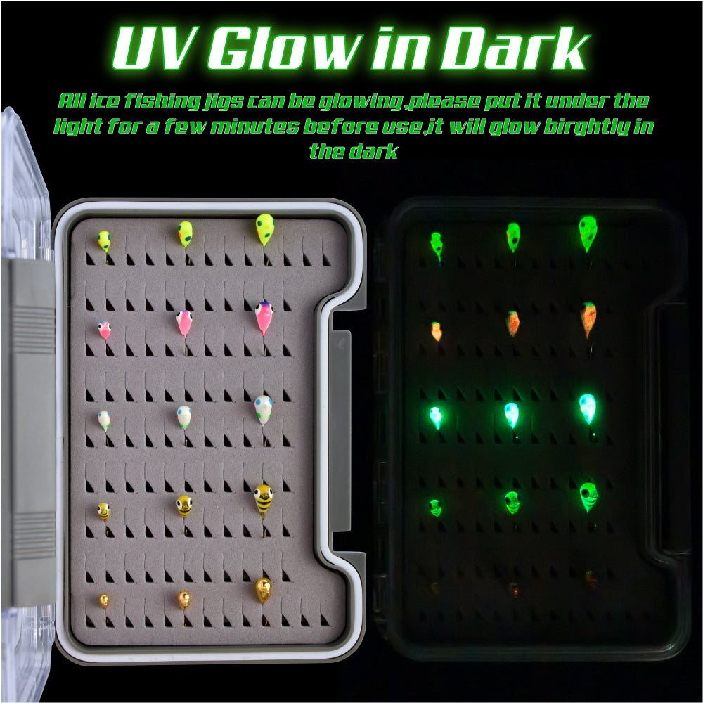 MUUNN 15pcs Tungsten Ice Fishing Jig Kit,Boxed UV Glow Jigs,Multicolor Hayabusa Hook Winter Perch Crappie Bluegill Softlure Bait