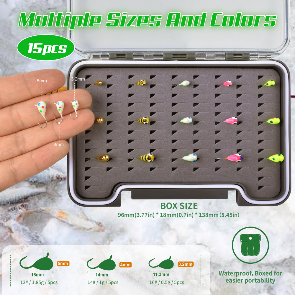 MUUNN 15pcs Tungsten Ice Fishing Jig Kit,Boxed UV Glow Jigs,Multicolor Hayabusa Hook Winter Perch Crappie Bluegill Softlure Bait