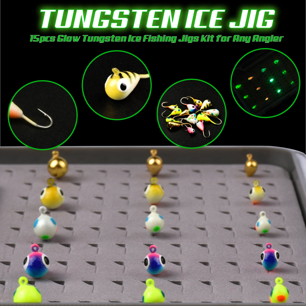MUUNN 15pcs Tungsten Ice Fishing Jig Kit,Boxed UV Glow Jigs,Multicolor Hayabusa Hook Winter Perch Crappie Bluegill Softlure Bait