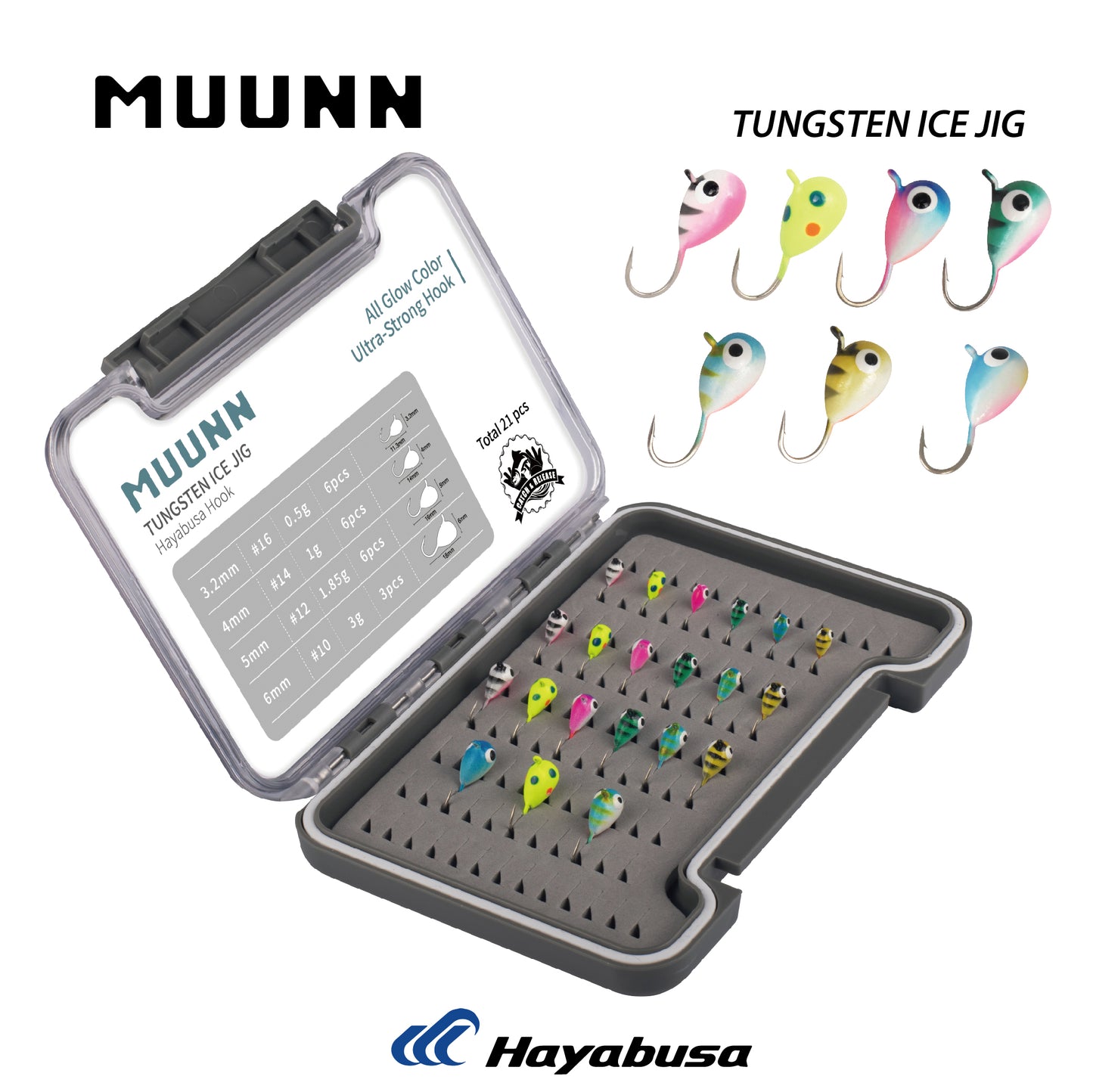 MUUNN 21pcs Tungsten Ice Fishing Jig Head Set,3.2/4.0/5.0/6.0mm Winter Ice Jig Head Combo Colorful Hooks Crappie Perch Wrasse Soft Lure Tackel
