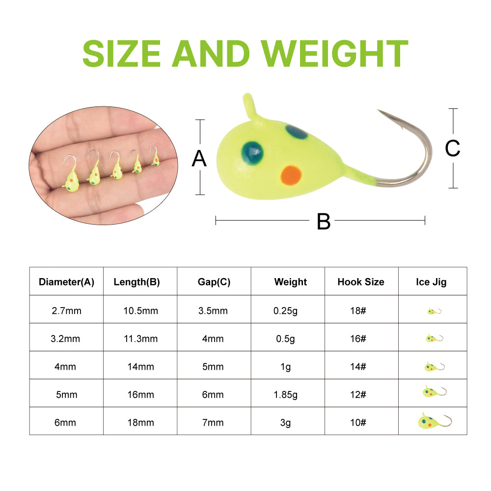 MUUNN 10pcs Ice Fishing Jig Tungsten ice Jig Head Glow 2.7mm-7mm Jig Ice Hook Hayabusa ,0.20g-4.40g Winter Fishing Hooks