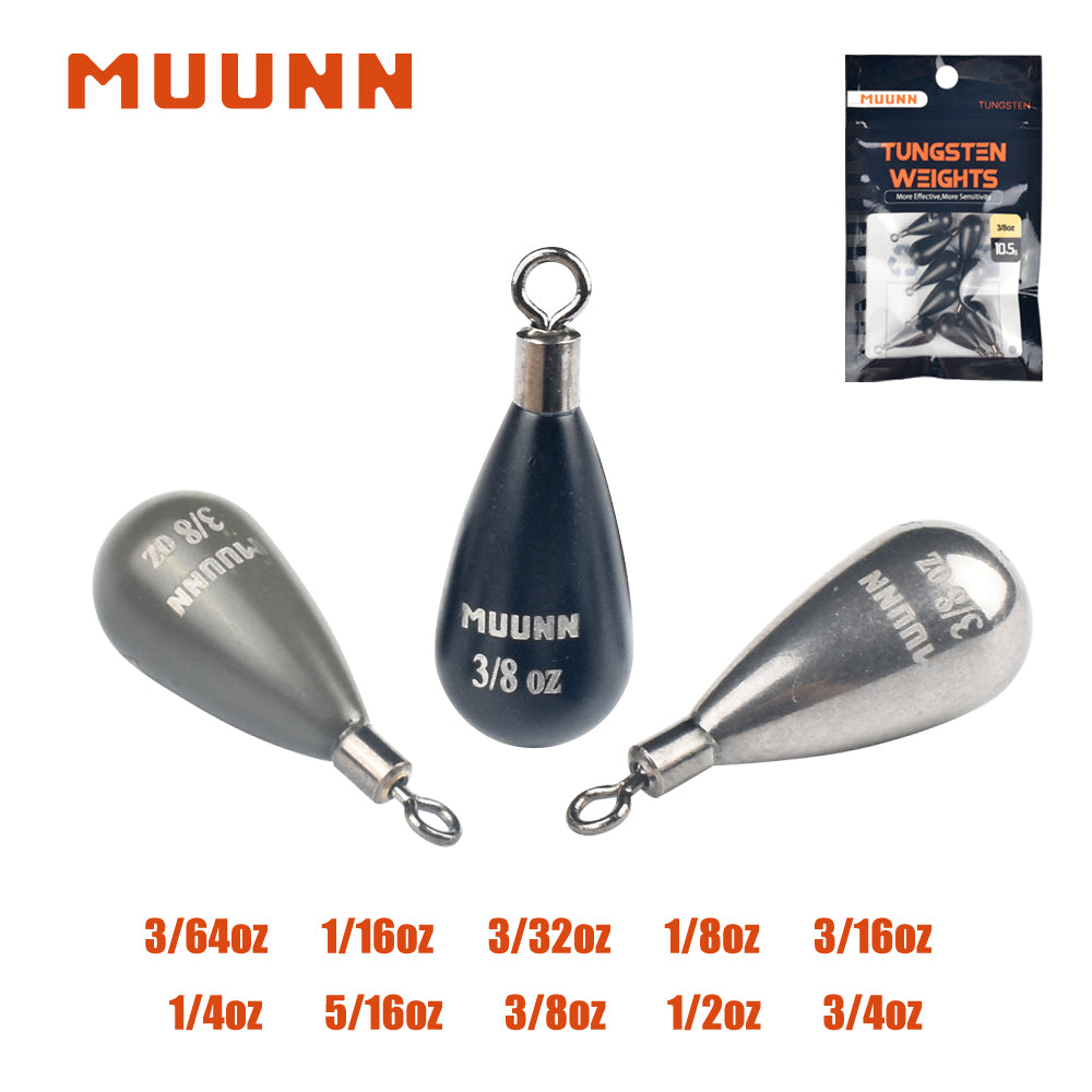 MUUNN 10PCS Tungsten Tear Drop Shot Weight,1.3g-10.5g,Jika Free Rig Sinkers Line Hook Connector,Bass Trout Salmon Fishing Lure