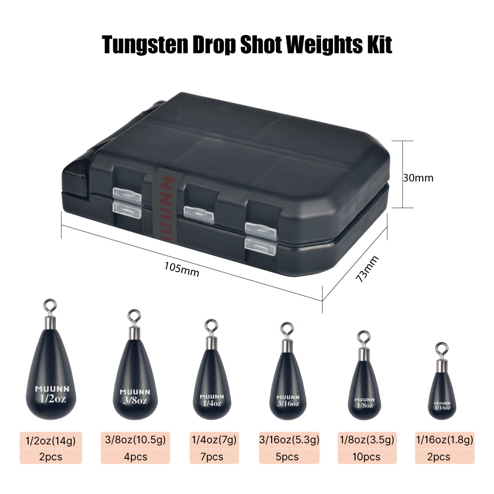 MUUNN 30PCS Tungsten Sinker Tear Drop Weights Kit ,1.3-10.5g,Free Rig Line Hook Connector Bass Bluegill Salmon Fishing Hooks
