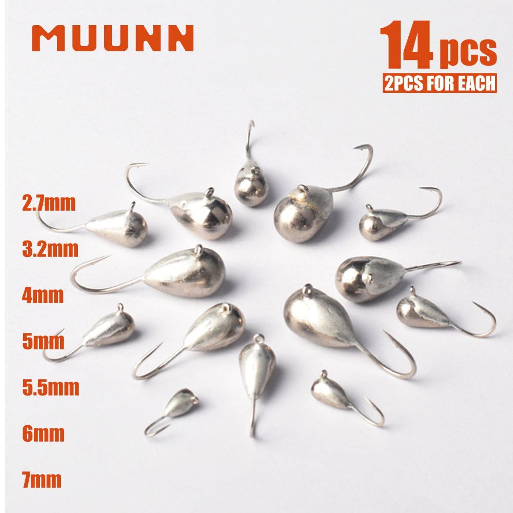 MUUNN 14PCS Tear Drop Tungsten Ice Jig,Winter Fishing Hook, 2.7mm/3.2mm/4mm/5mm/5.5mm/6mm/7mm Trout Pike Hayabusa Hooks