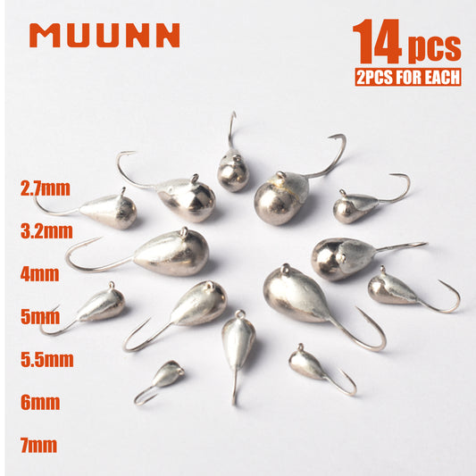 MUUNN 14PCS Tear Drop Tungsten Ice Jig,Winter Fishing Hook, 2.7mm/3.2mm/4mm/5mm/5.5mm/6mm/7mm Trout Pike Hayabusa Hooks