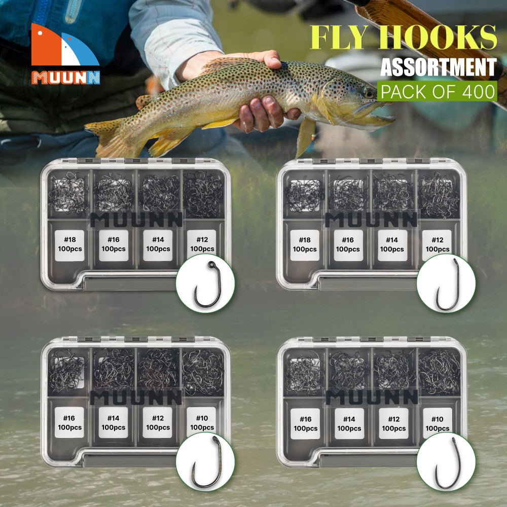 MUUNN 400PCS Fly Fishing Hooks Set,Size#10-#18,Dry Nymph Shrimp Wide Gape Jig Wet Caddis,Barbless Tying Hooks