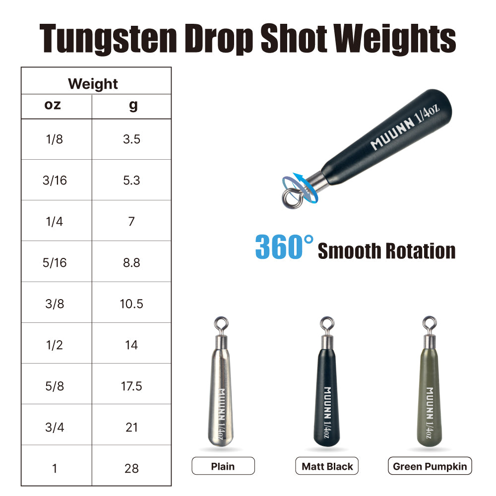 Muunn 10Pcs Tungsten Skinny New Drop Shot Sinker,3.5g~28g Fishing Sinker Weight,Texas/Free/Crolina Rig Tackel