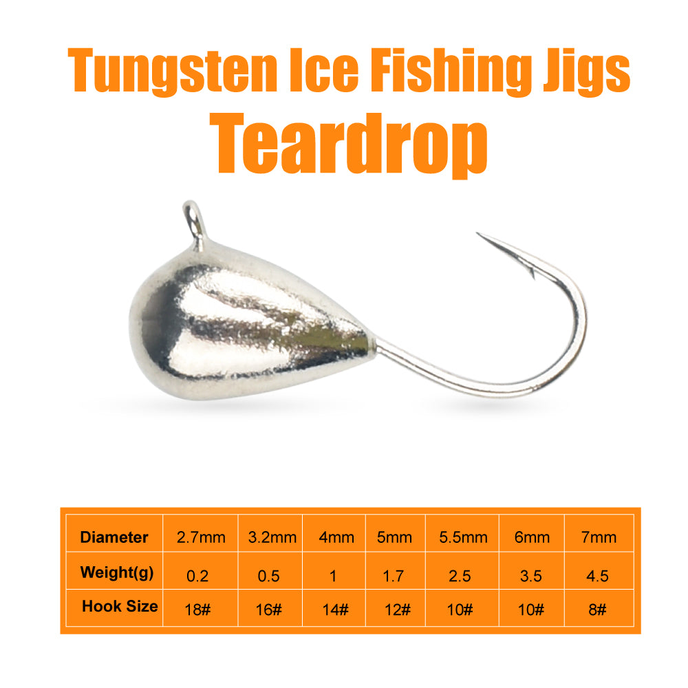 MUUNN 14PCS Tear Drop Tungsten Ice Jig,Winter Fishing Hook, 2.7mm/3.2mm/4mm/5mm/5.5mm/6mm/7mm Trout Pike Hayabusa Hooks