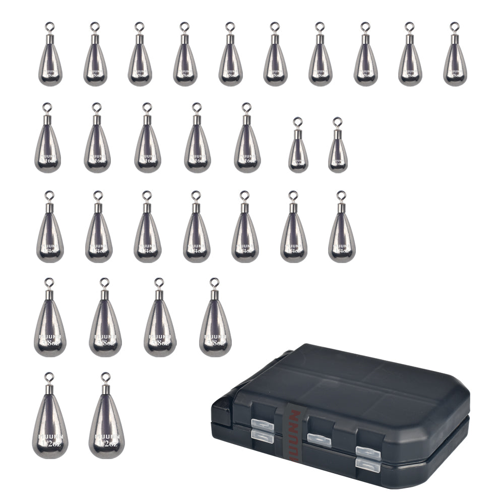 MUUNN 30PCS Tungsten Sinker Tear Drop Weights Kit ,1.3-10.5g,Free Rig Line Hook Connector Bass Bluegill Salmon Fishing Hooks