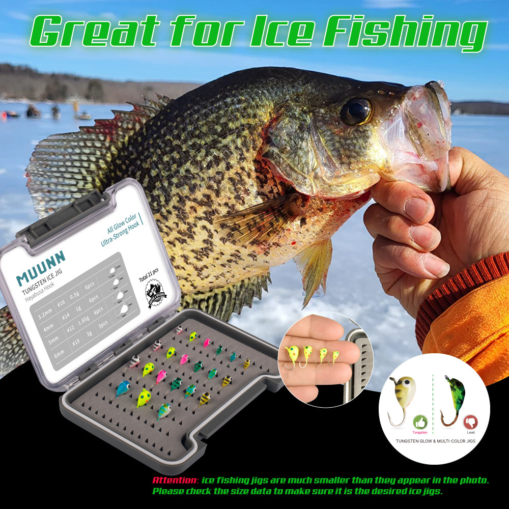 MUUNN 21pcs Tungsten Ice Fishing Jig Head Set,3.2/4.0/5.0/6.0mm Winter Ice Jig Head Combo Colorful Hooks Crappie Perch Wrasse Soft Lure Tackel