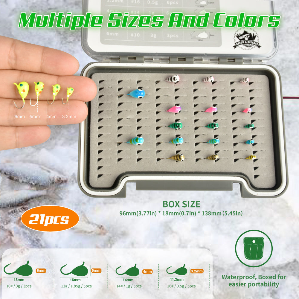 MUUNN 21pcs Tungsten Ice Fishing Jig Head Set,3.2/4.0/5.0/6.0mm Winter Ice Jig Head Combo Colorful Hooks Crappie Perch Wrasse Soft Lure Tackel