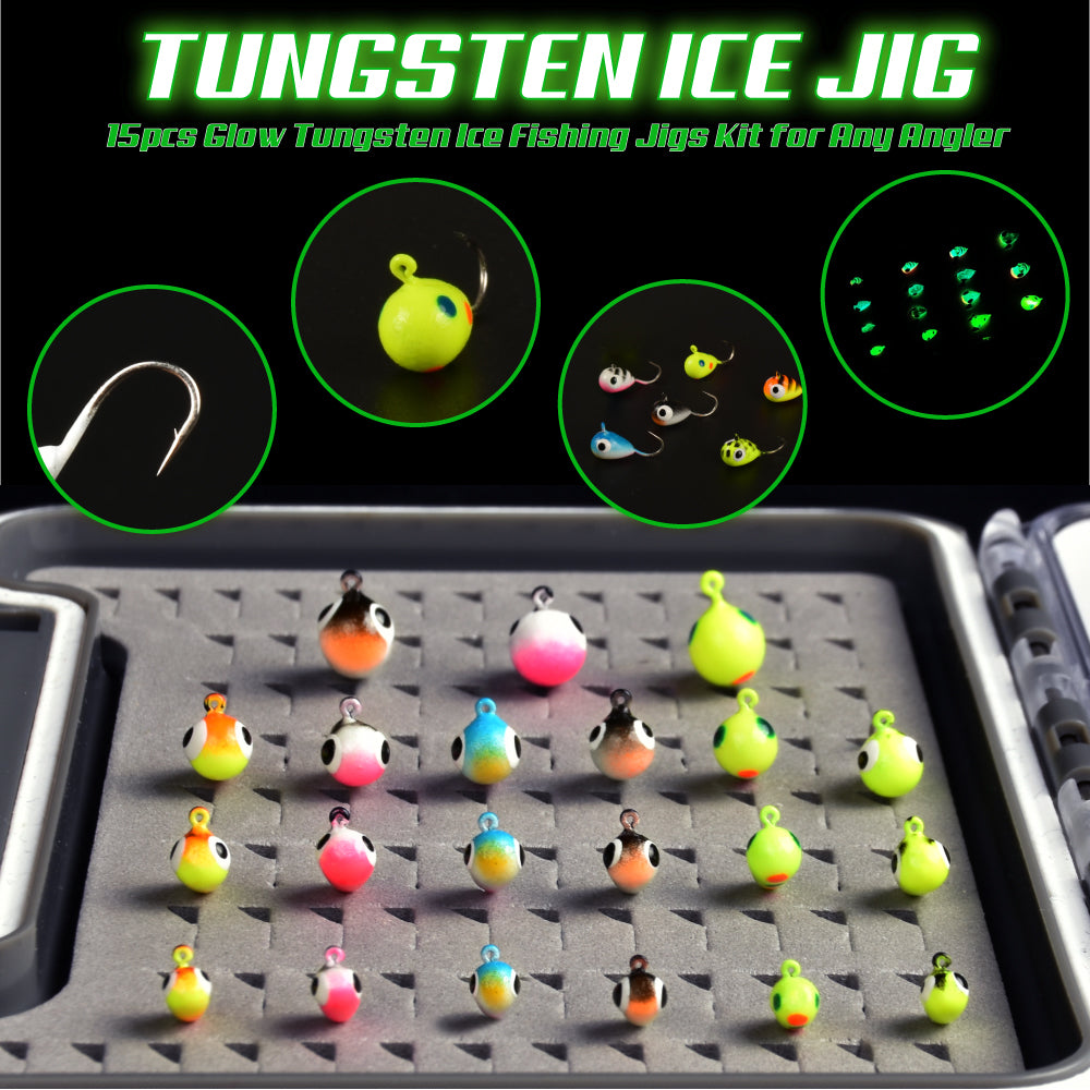 MUUNN New 21pcs Tungsten Glow Ice Fishing Jigs With Premium Jig Box,3.2mm~6.0mm Winter Ice Hooks Pike Carppie Perch Panfish Lure