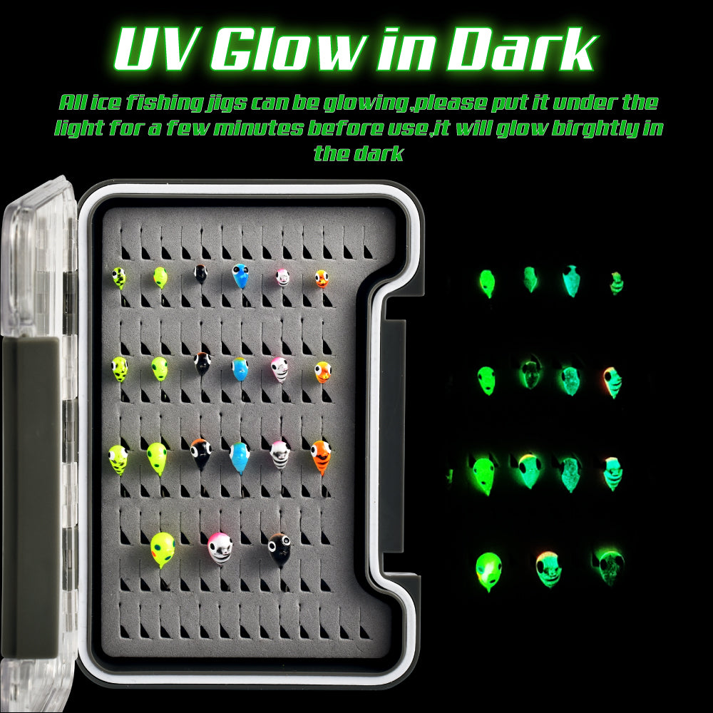 MUUNN New 21pcs Tungsten Glow Ice Fishing Jigs With Premium Jig Box,3.2mm~6.0mm Winter Ice Hooks Pike Carppie Perch Panfish Lure