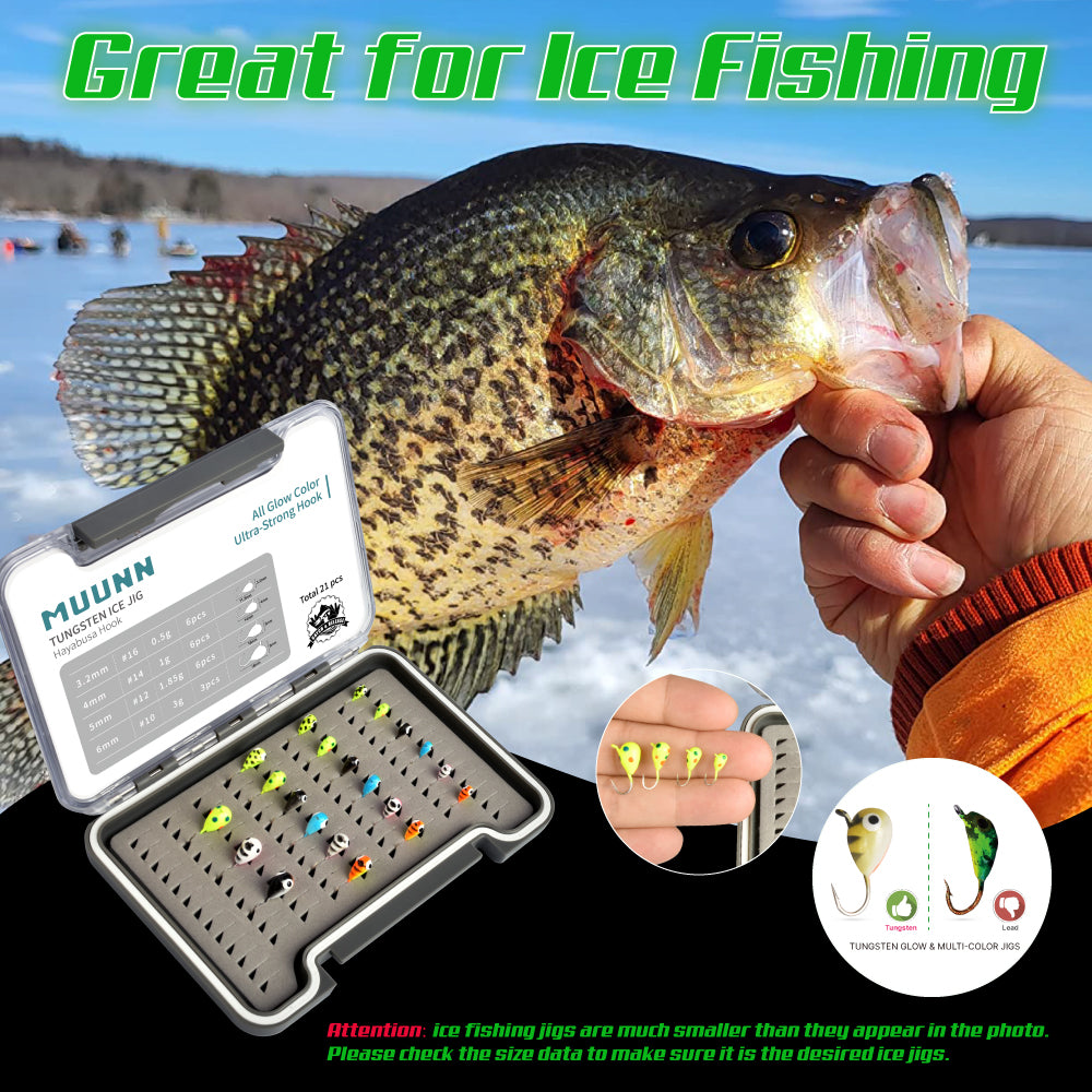 MUUNN New 21pcs Tungsten Glow Ice Fishing Jigs With Premium Jig Box,3.2mm~6.0mm Winter Ice Hooks Pike Carppie Perch Panfish Lure