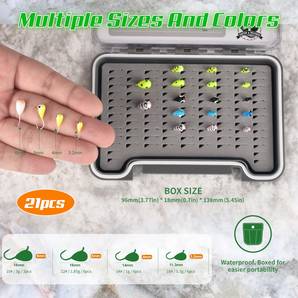 MUUNN New 21pcs Tungsten Glow Ice Fishing Jigs With Premium Jig Box,3.2mm~6.0mm Winter Ice Hooks Pike Carppie Perch Panfish Lure
