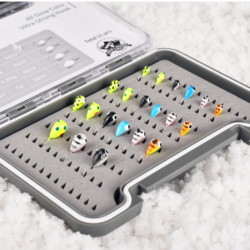 MUUNN New 21pcs Tungsten Glow Ice Fishing Jigs With Premium Jig Box,3.2mm~6.0mm Winter Ice Hooks Pike Carppie Perch Panfish Lure