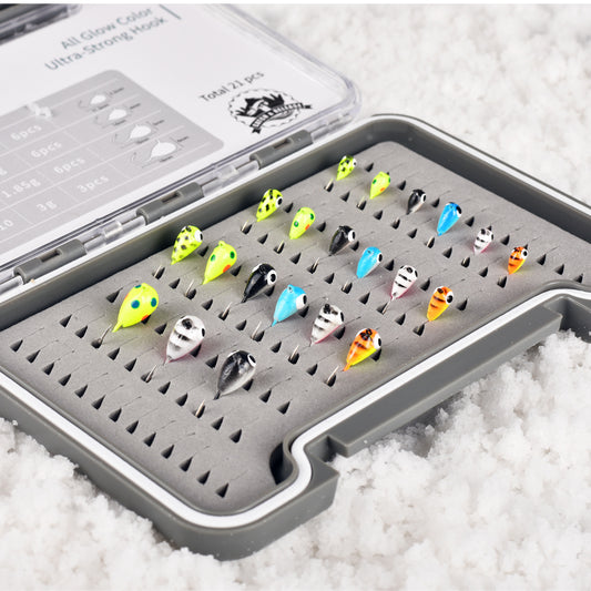 MUUNN New 21pcs Tungsten Glow Ice Fishing Jigs With Premium Jig Box,3.2mm~6.0mm Winter Ice Hooks Pike Carppie Perch Panfish Lure