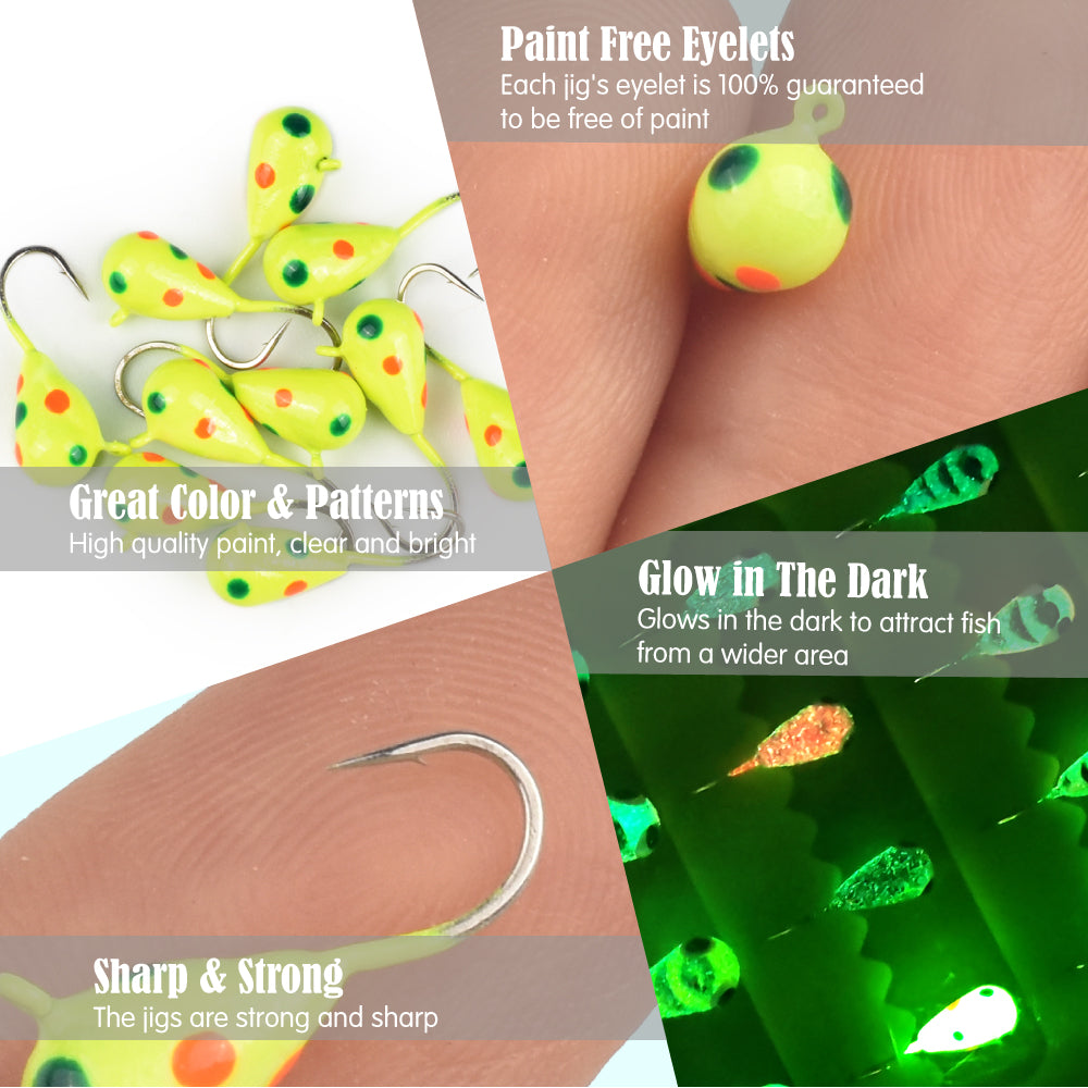 MUUNN 24pcs Tungsten Ice Fishing Jig Head Set,Boxed,0.50 - 3.00G Multicolor Hayabusa Hook Winter Ice Bait Perch Bluegill Crappie