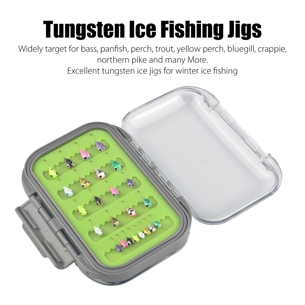 MUUNN 24pcs Tungsten Ice Fishing Jig Head Set,Boxed,0.50 - 3.00G Multicolor Hayabusa Hook Winter Ice Bait Perch Bluegill Crappie