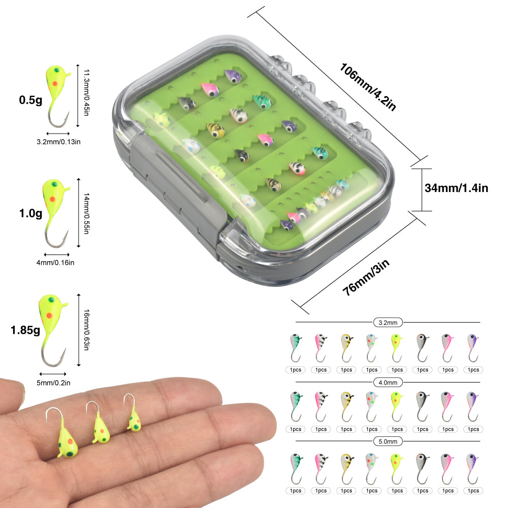 MUUNN 24pcs Tungsten Ice Fishing Jig Head Set,Boxed,0.50 - 3.00G Multicolor Hayabusa Hook Winter Ice Bait Perch Bluegill Crappie