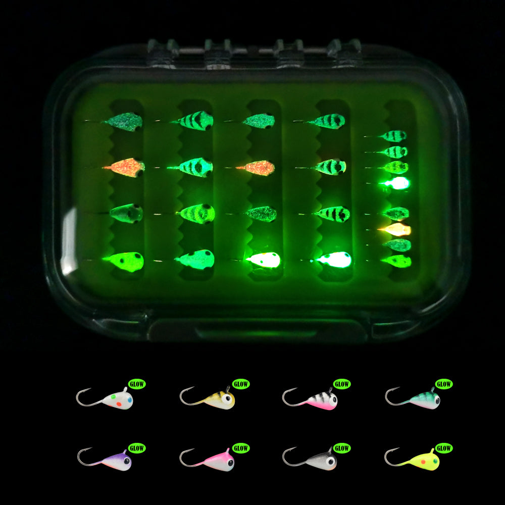 MUUNN 24pcs Tungsten Ice Fishing Jig Head Set,Boxed,0.50 - 3.00G Multicolor Hayabusa Hook Winter Ice Bait Perch Bluegill Crappie