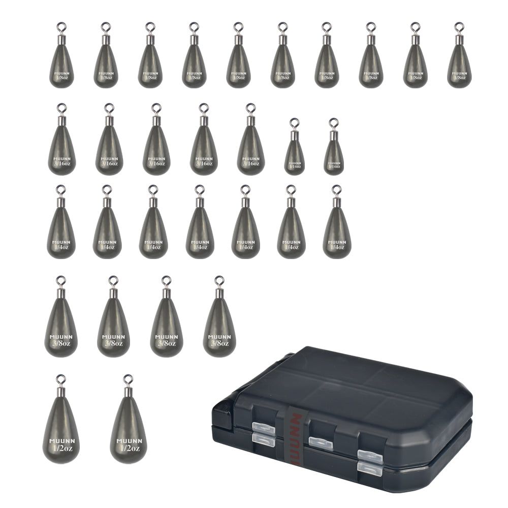MUUNN 30PCS Tungsten Sinker Tear Drop Weights Kit ,1.3-10.5g,Free Rig Line Hook Connector Bass Bluegill Salmon Fishing Hooks