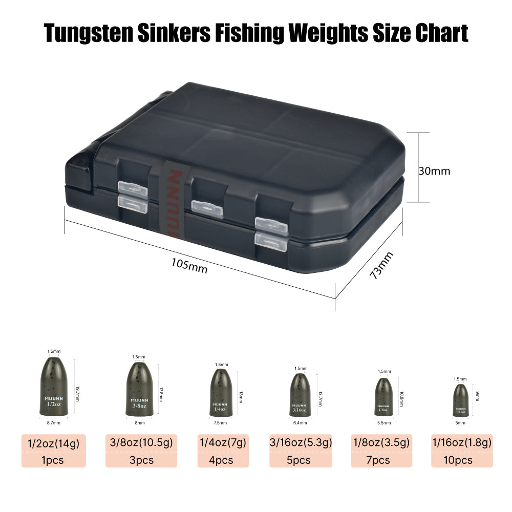 MUUNN 30PCS Tungsten Worm Sinker Set Combo,1.8g-14g Bullet Weights Texas Rig Bass Panfish Salmon Jika Rig Fishing Lure Box