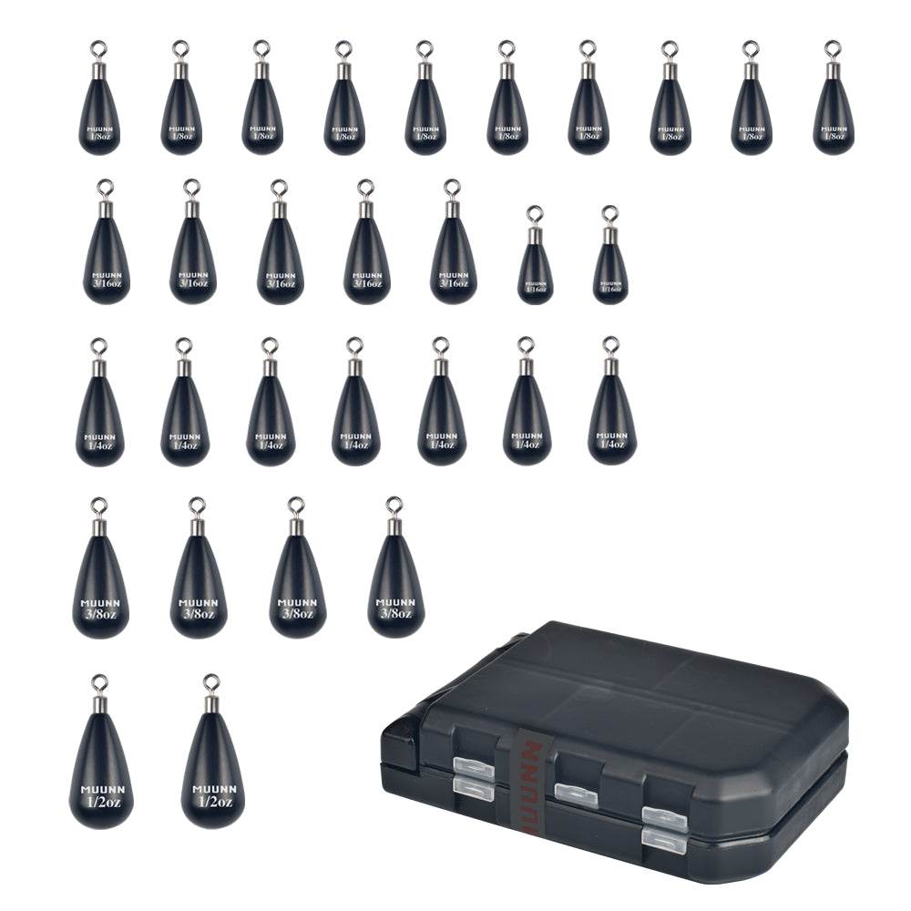 MUUNN 30PCS Tungsten Sinker Tear Drop Weights Kit ,1.3-10.5g,Free Rig Line Hook Connector Bass Bluegill Salmon Fishing Hooks