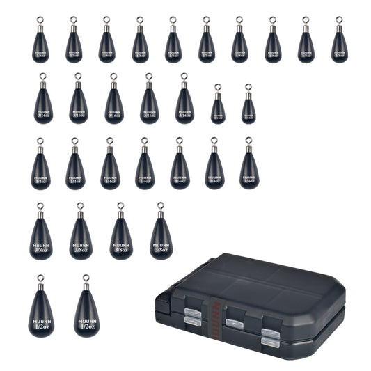MUUNN 30PCS Tungsten Sinker Tear Drop Weights Kit ,1.3-10.5g,Free Rig Line Hook Connector Bass Bluegill Salmon Fishing Hooks