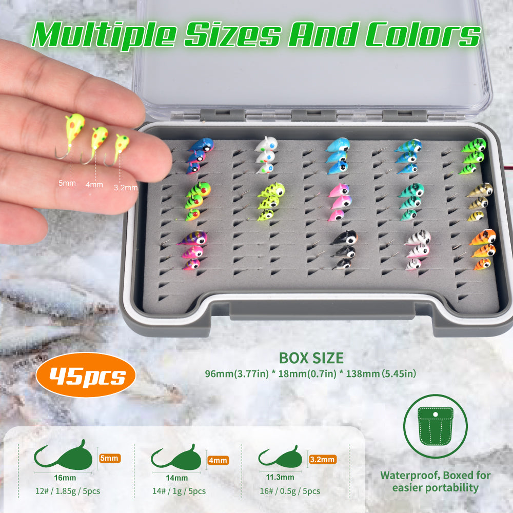 MUUNN 45pcs Tungsten Ice Fishing Jig Head Set,Boxed Winter All Glow Color 0.50G - 1.85G Multicolor Hook Perch Bluegill Crappie Ice Soft Lure Tackel