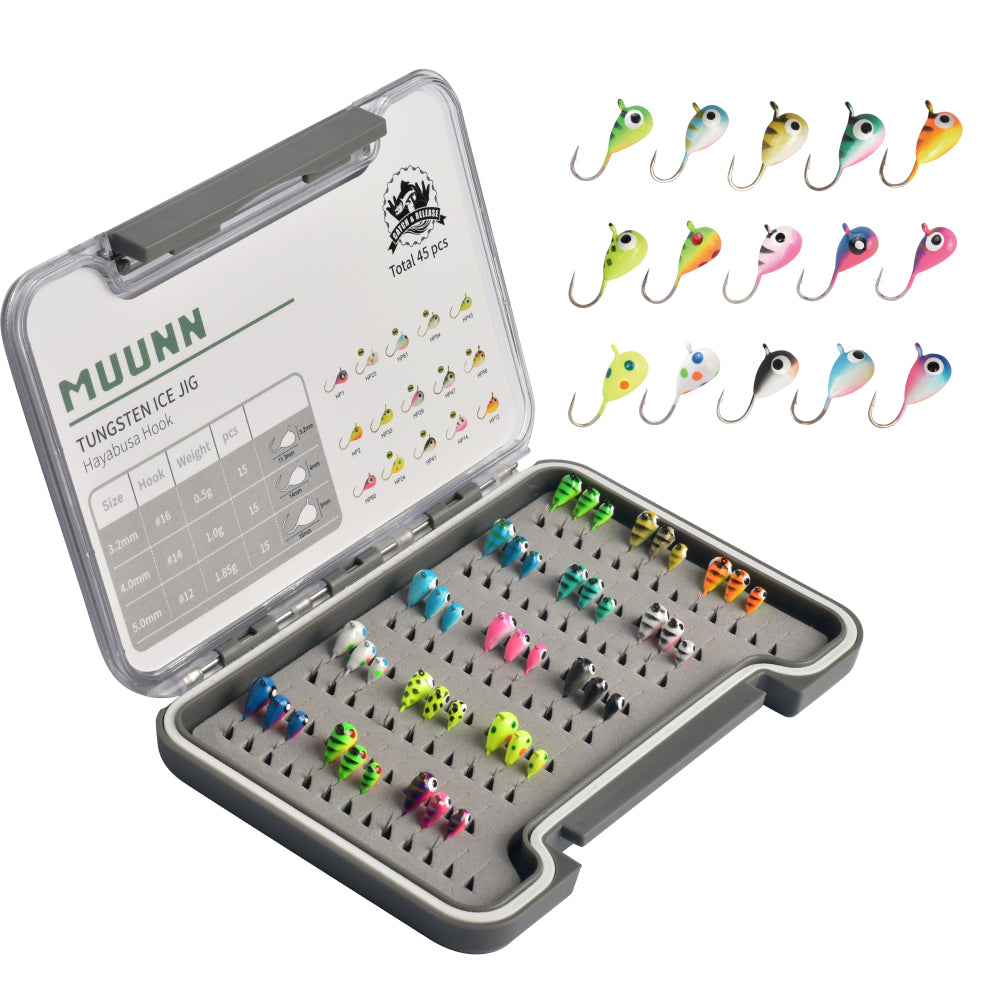 MUUNN 45pcs Tungsten Ice Fishing Jig Head Set,Boxed Winter All Glow Color 0.50G - 1.85G Multicolor Hook Perch Bluegill Crappie Ice Soft Lure Tackel